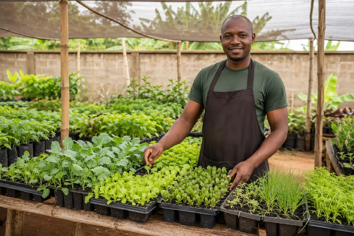 A Nigerian plant nursery seller presenting healthy seedlings arranged in nursery trays