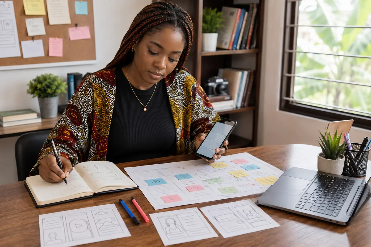 A Nigerian content creator planning short-form videos with a smartphone and content calendar