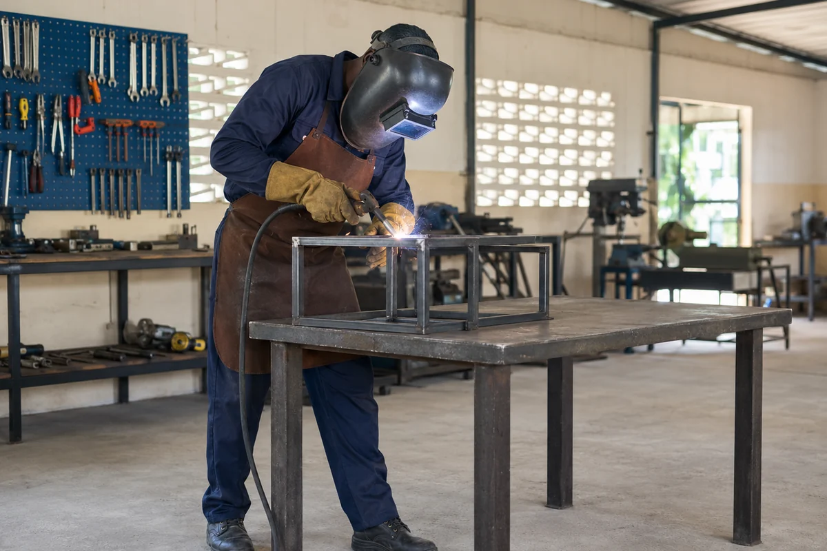A trained adult Nigerian welder fabricating a metal frame with suitable protective equipment